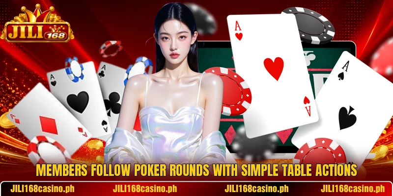 Members follow poker rounds with simple table actions